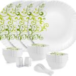 Cello Pack Of 22 Opalware Dazzle Opalware Oleander Dinner Set | Crockery Set | Green Dinner Set(Green, Microwave Safe)