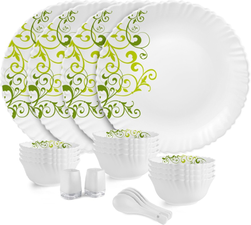 Cello Pack Of 22 Opalware Dazzle Opalware Oleander Dinner Set | Crockery Set | Green Dinner Set(Green, Microwave Safe)