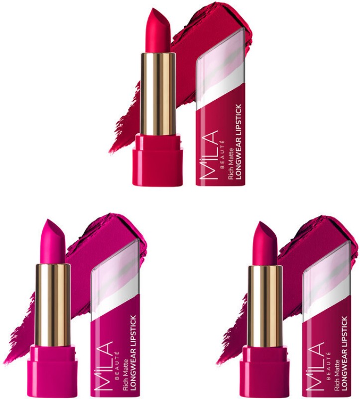 Mila Beauté Matte Longwear Lipstick Combo For Woman|Up To 8 Hrs Stay|Enriched With Vitamin E(Shekh Hasina, Pin Up Plum, Touch Of Spice, 12.6 G)