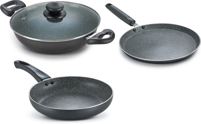 Prestige Omega Deluxe Granite Alpha 3Pcs Byk-Kadai 24Cm Glass Lid+Tawa 28Cm+Fry Pan 24Cm Induction Bottom Non-Stick Coated Cookware Set(Aluminium, 1 – Piece)