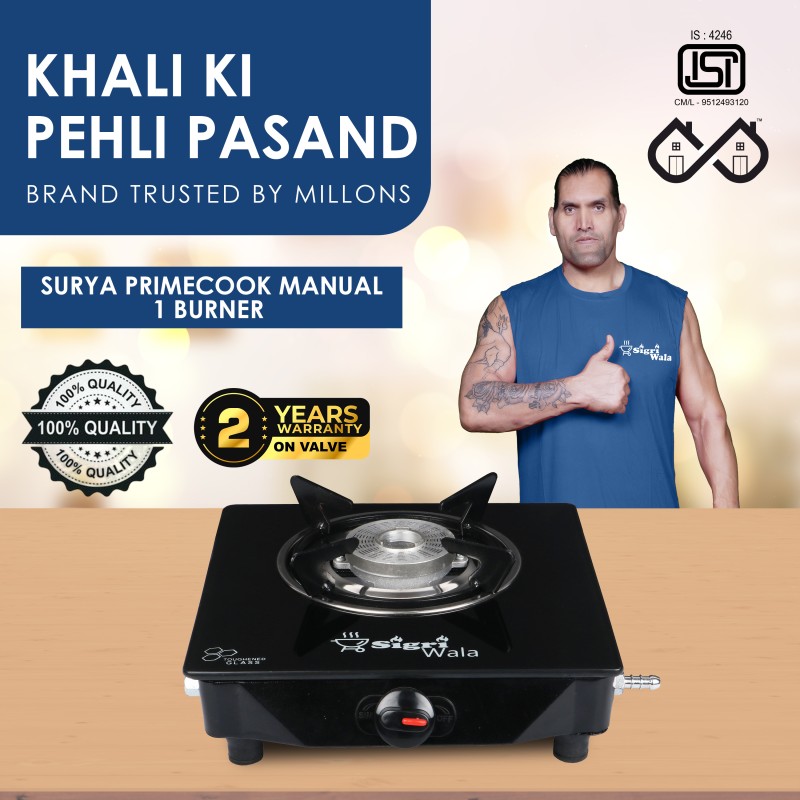 Sigri-Wala Surya Primecook Manual Cute Plain Toughened Glass Gas Stove Glass Manual Gas Stove(1 Burners)