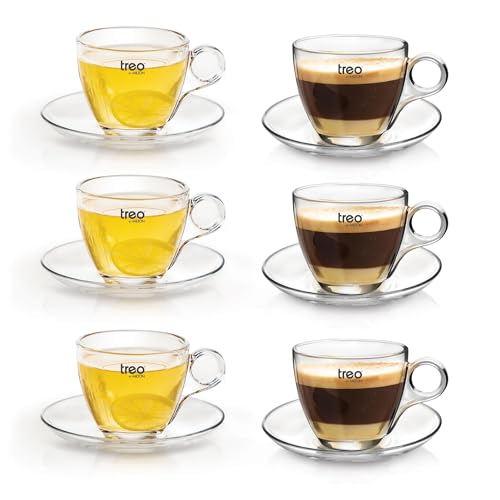 Treo By Milton Vella Crystal Clear Classic Glass Tea & Coffee Cup And Saucer Set Of 12 (6 Cups, 6 Saucers), 168 Ml Each For Espresso, Cappuccino, Hot Chocolate,Green Tea, Herbal, & Lemon Tea