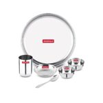 Storehaus 6 Pieces Smart Stainless Steel Dinnerware/Dinner Set – 1 Thali, 1 Halwa Plate, 2 Bowl, 1 Glass, 1 Spoon, Kitchen Set For Home, Restaurants, Family – Silver