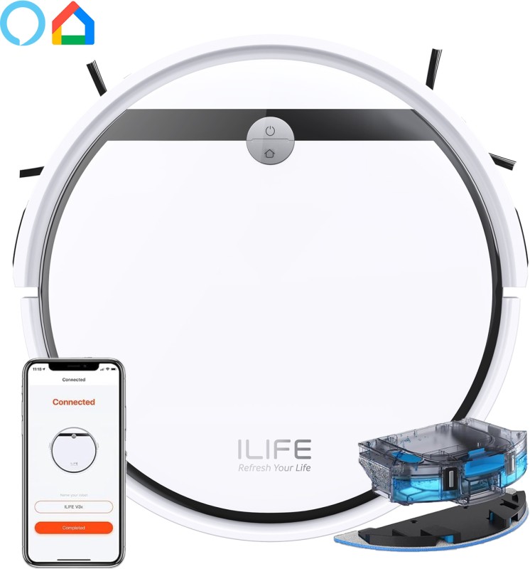 Ilife V3X Robotic Vacuum Cleaner And Mop With Advanced Gyroscope Navigation Robotic Floor Cleaner With 2 In 1 Mopping And Vacuum, Anti-Bacterial Cleaning (Wifi Connectivity, Google Assistant And Alexa)(Pearl White)