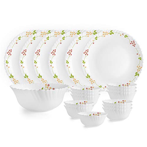 Cello Opalware Dazzle Series Secret Garden Dinner Set, 19 Units | Opal Glass Dinner Set For 6 | Light-Weight, Daily Use Crockery Set For Dining | White Plate And Bowl Set