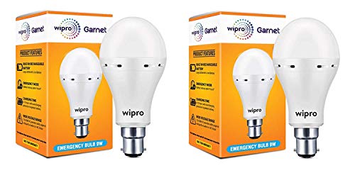 Wipro Garnet 9W Led Emergency Bulb | Cool Day White (6500K) | B22 Led Bulb Base | Inverter Bulb For Home, With 4 Hours Battery Back Up| Li-Ion Battery | Over Charging Protection | Pack Of 2