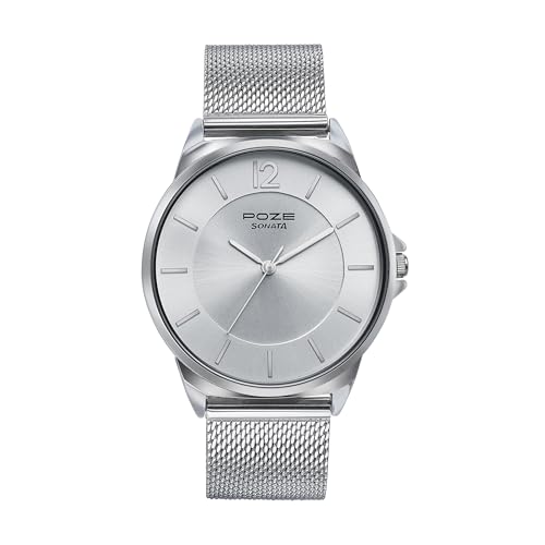 Sonata Poze Quartz Silver Dial Silver Metal Strap For Men-Sp70042Sm01