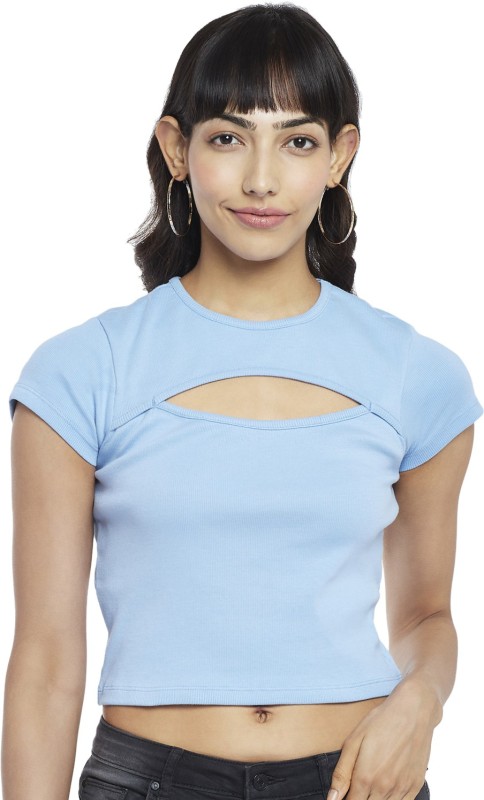 People Casual Solid Women Blue Top