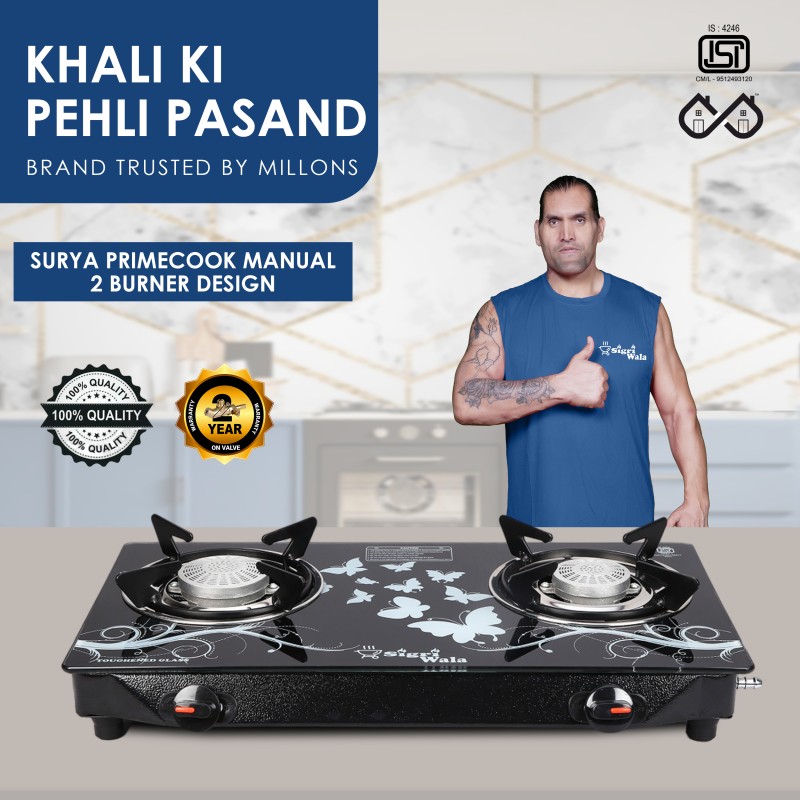 Sigri-Wala Surya Primecook Manual Cute Design Toughened Glass Gas Stove Stainless Steel Manual Gas Stove(2 Burners)