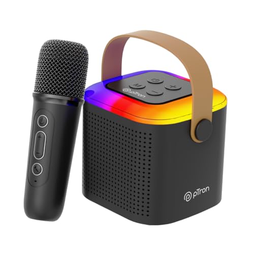 Ptron Newly Launched Fusion Tunes 10W Mini Bluetooth Speaker With Wireless Karaoke Mic, 8Hrs Playtime, Vivid Rgb Lights, Voice Effects, Multi-Play Modes Bt5.1/Tf Card & Type-C Charging Port (Black)