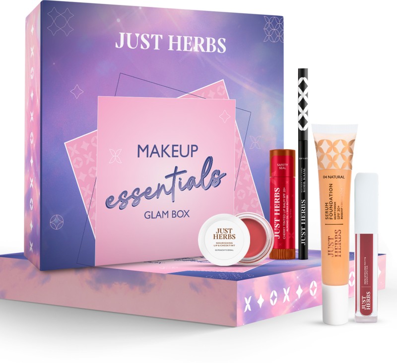 Just Herbs Makeup Glam Kit With Lip Balm, Foundation, Liquid Lipstick, Cheek Tint & Kajal