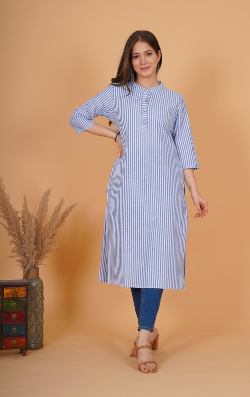 Rimeline Women Striped Straight Kurta(Blue)