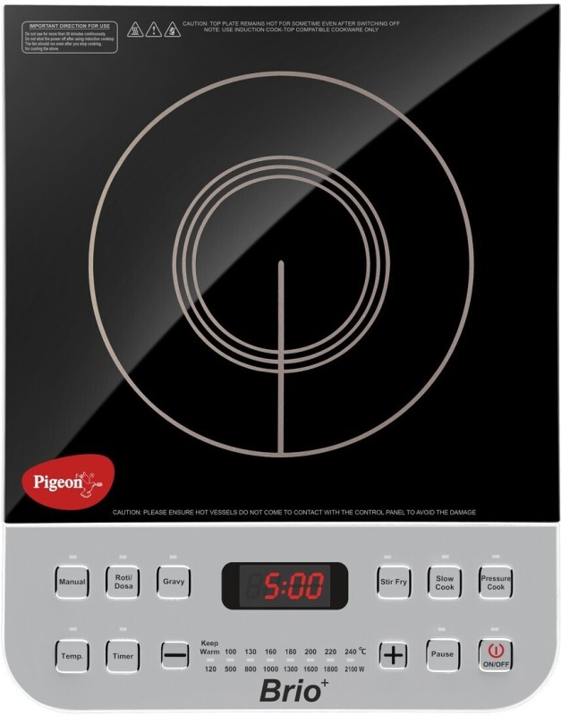 Pigeon 2100 W Induction Cooktop Push Button(Silver, Black, Brio+)