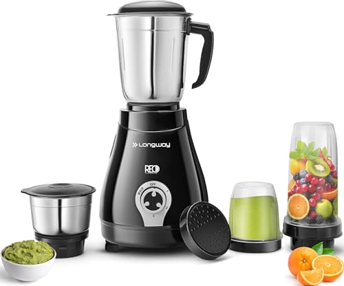 Longway Reo 550 Watt Mixer Grinder With 4 Jars For Grinding, Mixing, Blending, Juicing With Powerful Motor | 1 Year Warranty | (Black & Gray,4 Jars)