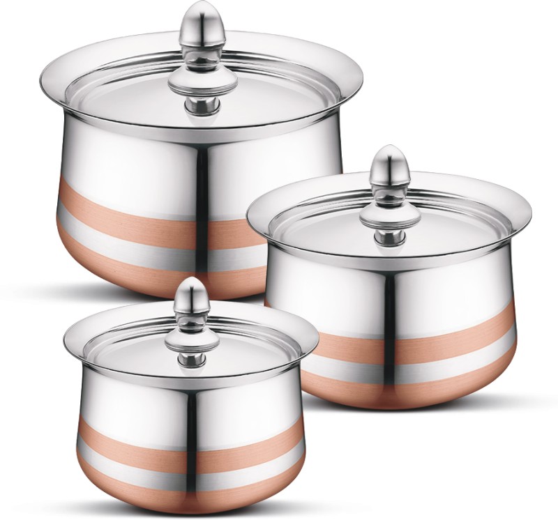 Classic Essentials Stainless Steel Copper Line 3-Piece Biryani Handi For Serving, Cookware Set(Stainless Steel, 3 – Piece)