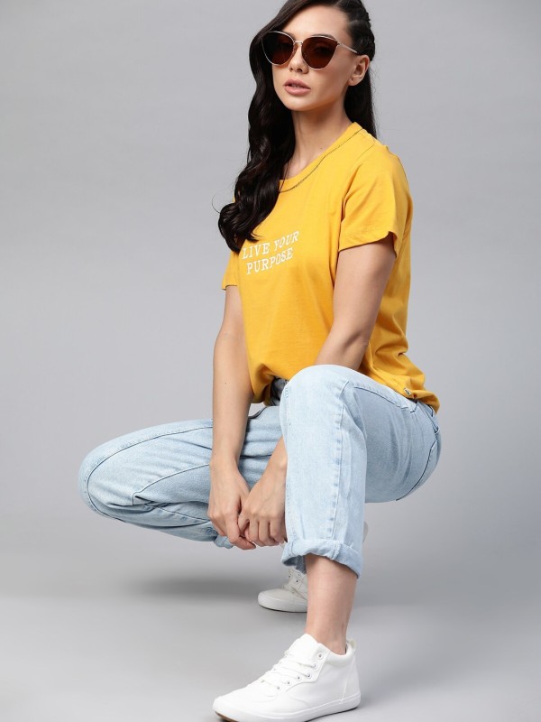 Roadster Typography Women Round Neck Yellow T-Shirt