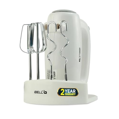 Ibell Hm390L Plus 300-W Hand Mixer Beater/Blender/Electric Cream Maker For Cakes With Base 5 Speed Control And 2 Stainless Steel Beaters, 2 Dough Hooks (White)