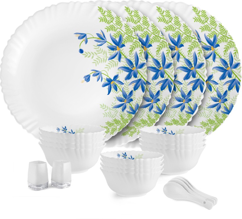 Cello Pack Of 22 Opalware Dazzle Series Blue Primrose Crockery Set |Dishwasher Safe|Light-Weight Dinner Set(Green, Blue, Microwave Safe)