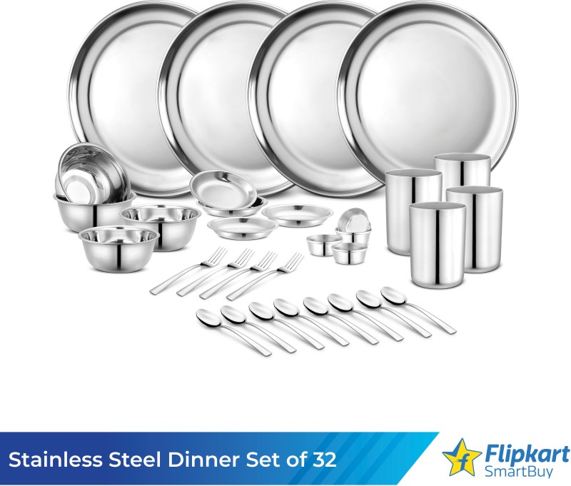 Flipkart Smartbuy Pack Of 32 Stainless Steel Kitchen For Home | Heavy Gauge Dinner Set(Silver)