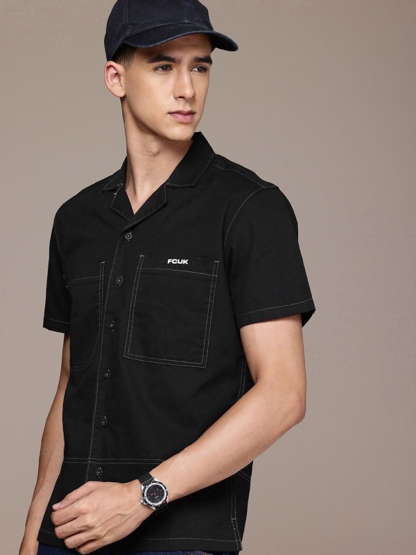 French Connection Men Solid Casual Black Shirt