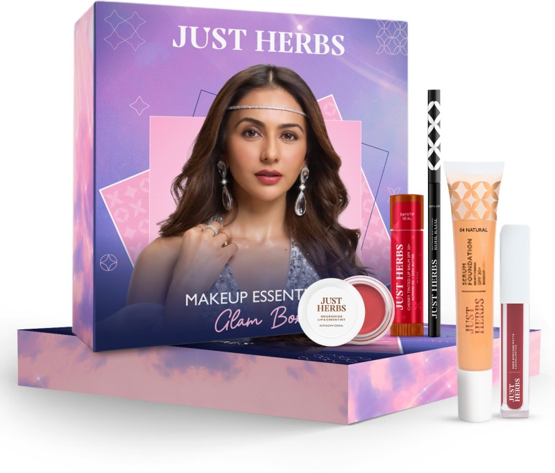 Just Herbs Makeup Glam Kit With Lip Balm, Foundation, Liquid Lipstick, Cheek Tint & Kajal