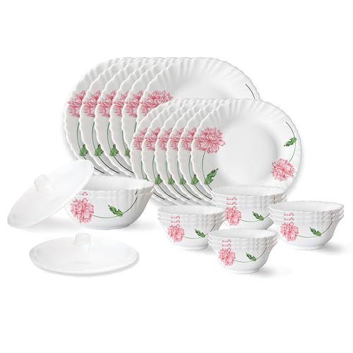 Larah By Borosil Red Mist Fluted Series Opalware Dinner Set | 28 Pieces For Family Of 6 | Microwave & Dishwasher Safe | Bone-Ash Free | Crockery Set For Dining & Gifting | Plates & Bowls | White