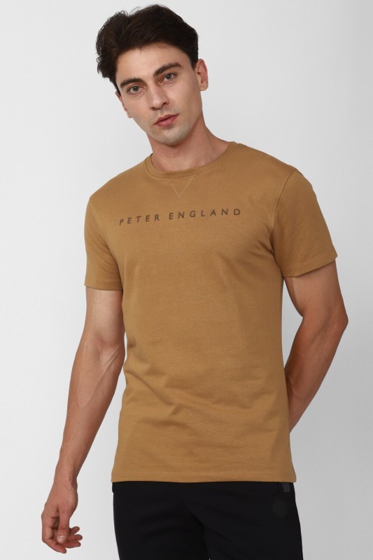 Peter England Solid Men Crew Neck Brown T-Shirt