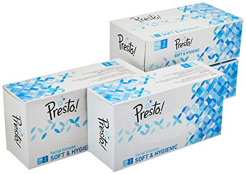 Amazon Brand – Presto! Premium 3 Ply Facial Tissues Box | 400 Pulls | 100 Pulls X 4 Cartons | Soft And Highly Absorbent | 100% Natural Virgin Cellulose Fiber
