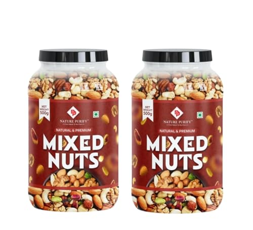 Nature Purify Premium Mixed Dry Fruits | 1Kg | Healthy Mixed Nut Dried Almonds, Black Raisins, Cashewnuts, Raisins, Apricot & Many More (Pack Of 2, 500Gm Each)