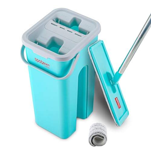 Spotzero By Milton Mini Flat Mop And Bucket With Wringer Set, 2.8 Litre, 360° Flexible Head, Mops For Spotless Floor Cleaning & Wall Cleaner, 2 Reusable Microfiber Mop Pads.