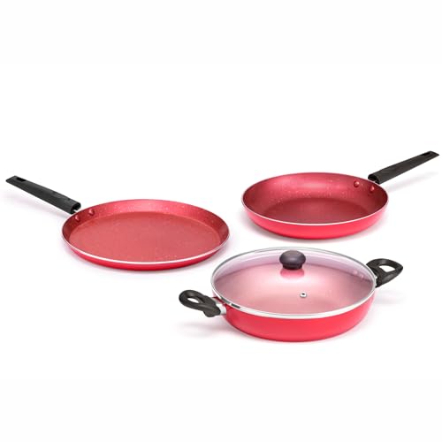 Butterfly Coral Dlx Kcp 3 Non Stick Cookware Set| Tawa 250 Mm | Fry Pan 240 Mm | Kadai 240 Mm | Induction Base| Premium Virgin Aluminum | Pfoa Free | Scratch Resistant | Velvet Red