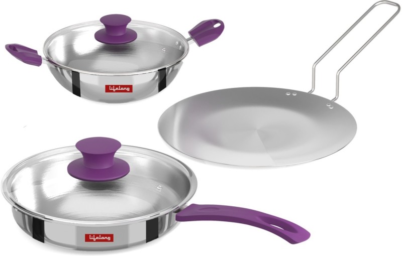 Lifelong Lltpc6 Combo Kadhai (20 Cm), Fry Pan Roti Tawa Induction Bottom Cookware Set(Triply, 3 – Piece)