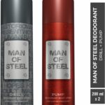 Denver Combo Of Man Of Steel Drill + Pump Long Lasting Deodorant Spray  –  For Men(400 Ml, Pack Of 2)