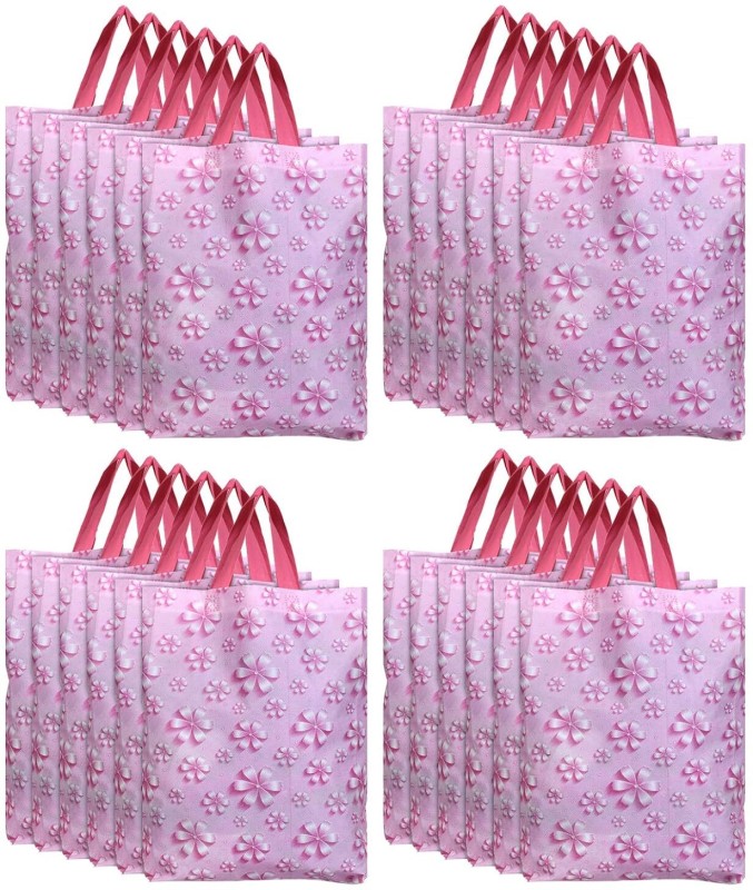 Kuber Industries Non Woven Flower Print Pack Of 24 Carry Bags With Handles Pack Of 24 Grocery Bags(Pink)