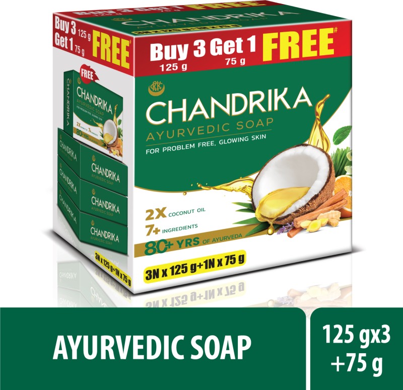 Chandrika By Wipro Ayurvedic Bathing Bar Soap With 2X Coconut Oil & Herbs For Naturally Glowy Skin(3 X 125 G)