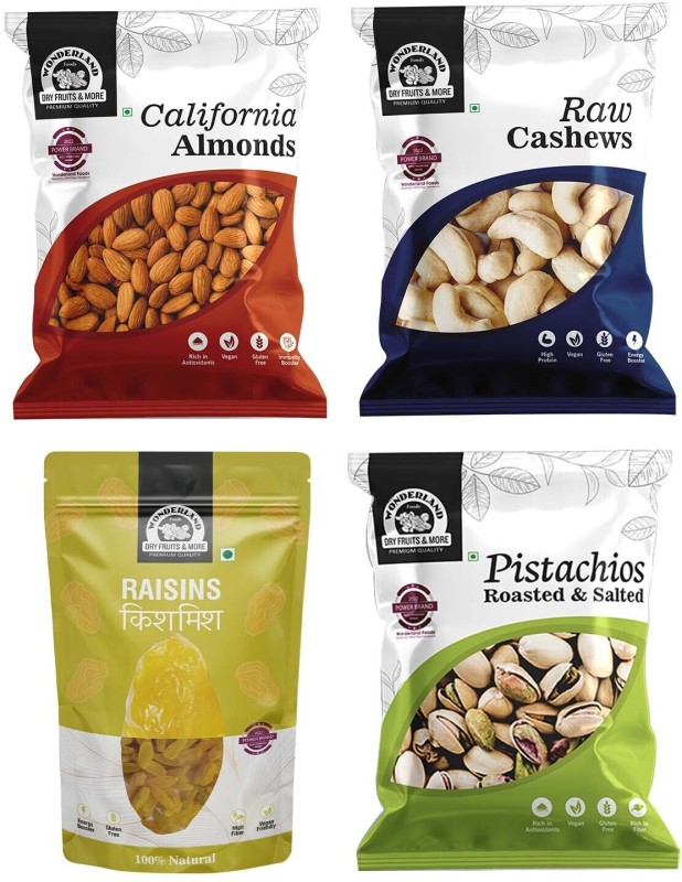 Wonderland Foods Dryfruits Combo Pack Of 5 (500G) Raw Almonds, Cashews, R/S Pista (100Geach) And Raisins(2X100G)(5 X 100 G)