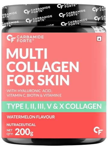 Carbamide Forte Hydrolyzed Multi Collagen Powder With Marine Collagen, All 5 Types Of Collagen Peptides Included – Type I, Ii, Iii, V, X Collagen Supplements For Women & Men, Watermelon Flavor – 200G