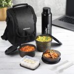 Cello Mf All In One Lunch Box Set Of 5 With Bag,Black | 3 Containers With Steel Inner, 1 Plastic Pickle Box And 1 Steel Bottle | Microwave Safe | Insulated Tiffin Ideal For Office, School, College