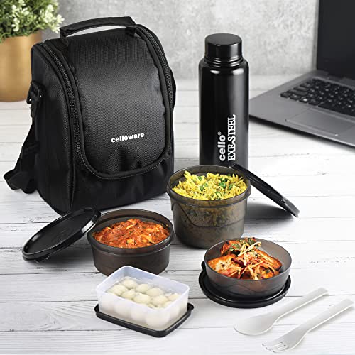 Cello Mf All In One Lunch Box Set Of 5 With Bag,Black | 3 Containers With Steel Inner, 1 Plastic Pickle Box And 1 Steel Bottle | Microwave Safe | Insulated Tiffin Ideal For Office, School, College