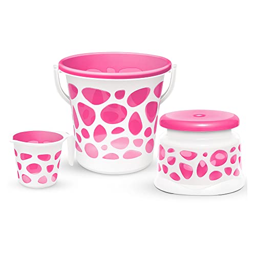 Milton Plastic Duplex Spa 3 Piece Set, Pink | 25 Litres Bucket With Mug & Stool | Bathroom Accessory Set