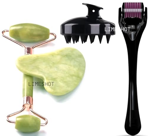 Limeshot Hair Massager Scalp Massager Shampoo Brush + Hair Regrowth Roller With 540 Titanium Micro Needles + Jade Face Roller With Gua Sha