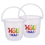 Kuber Industries 2 Pcs Holi Bucket | 13 Ltr Water Storage Bucket For Holi | Pichkari Water Bucket | Holi Decoration Items | Bucket For Bathroom | Holi Gadgets | Holi Hai Printed | Transparent