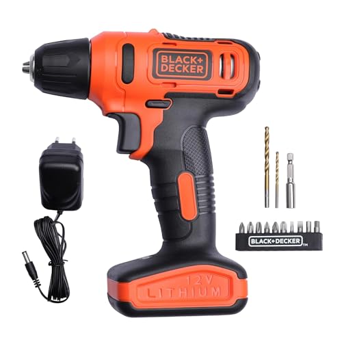 Black+Decker Ld12Sp 12V 10Mm Li-Ion Cordless Variable Speed Reversible Drill Machine Driver With 10 Screwdriver & 2 Drill Machine Bits For Home & Diy Use, 1 Year Warranty, Orange & Black