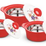 Asian Inner Steel Casserole Gift Set Of 3,| Pu Insulated | Bpa Free |Easy To Store | Ideal For Chapatti |Serving Casserole Red.