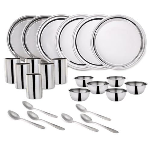 Wonderchef Venice Stainless Steel Dinner Set Of 24Pcs | Plates, Glasses, Bowls, Spoons | Classic Design And Gloss Finish | 100% Food-Grade Stainless Steel | Non-Corrosive, Unbreakable | Easy To Clean