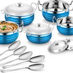 Classic Essentials Stainless Steel Blue Color Serving Handi With Steel Lid & Serving Spoon Cookware Set(Stainless Steel, 5 – Piece)