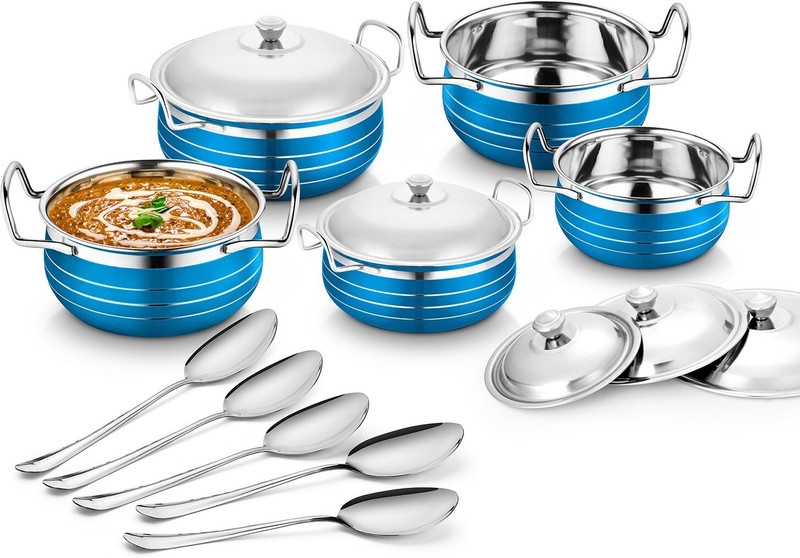 Classic Essentials Stainless Steel Blue Color Serving Handi With Steel Lid & Serving Spoon Cookware Set(Stainless Steel, 5 – Piece)