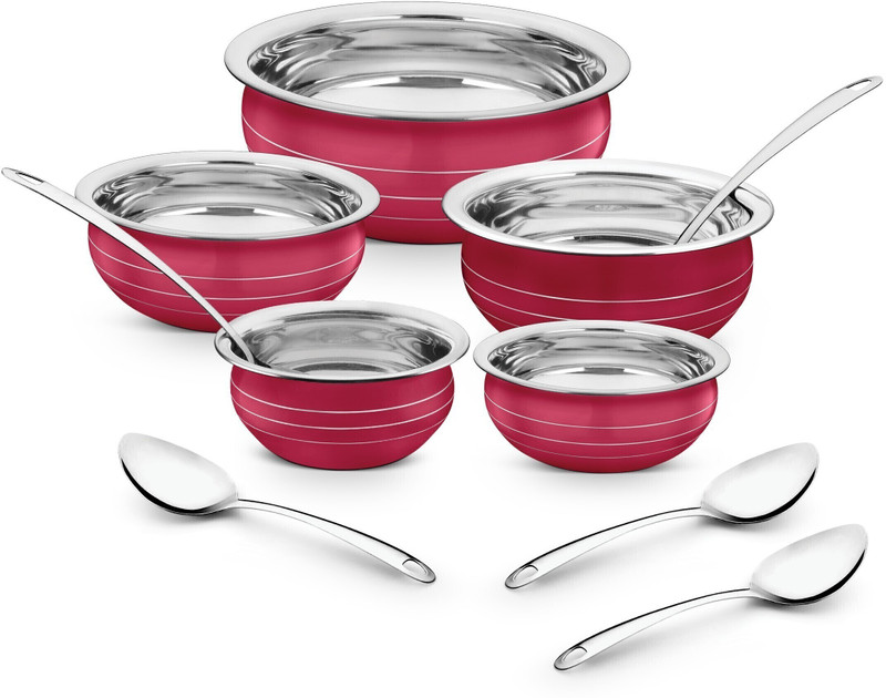 Classic Essentials By Classic Essentials Red Coloured Handi/Patila/Bhagona/Biryani Cook & Serve Induction Bottom Cookware Set(Stainless Steel, 10 – Piece)
