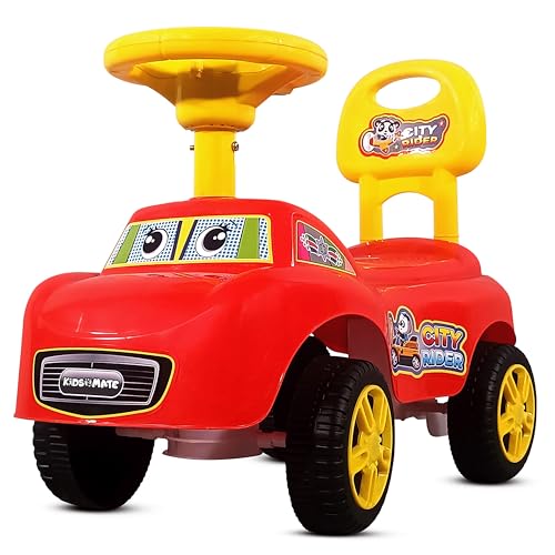 Kidsmate City Rider Baby Ride-On Push Car For Kids | Fun & Safe Ride Baby Car With Steering Wheel & Comfortable Backrest |Perfect For Indoor & Outdoor Fun For Toddlers 1.5+ Years – Red/Yellow