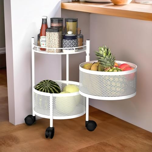Kitchenstory Storage Rack | 360° Revolving Vegetable Kitchen Rack | Round Multipurpose Storage Trolley With Wheels | Metal Fruit Storage Rack | Kitchen Cabinet Spice Rack (White, 2 Layer)